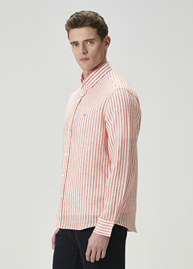 Beymen Club Comfort Fit Turuncu Çizgi Desenli Keten Gömlek - 4