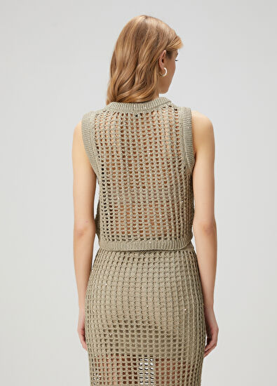 Beymen Club Open Khaki Sequined Knit Tank Top - 5