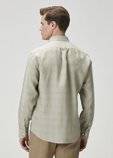 Beymen Club Comfort Fit Light Khaki Plaid Pattern Linen Shirt - 5