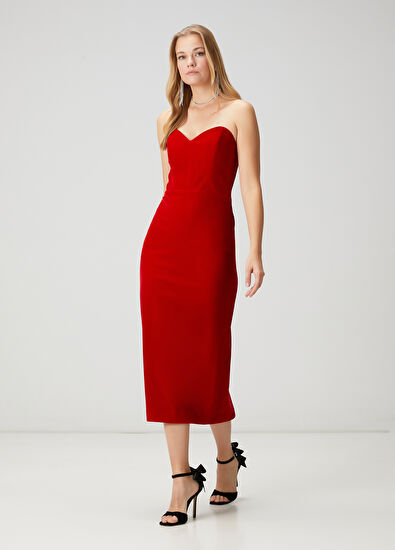 Beymen Club Kırmızı Straplez Midi Kokteyl Elbise - 5