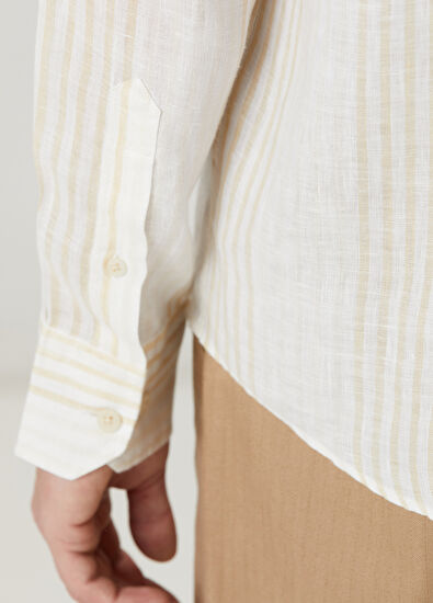 Beymen Club Comfort Fit Beige White Striped Linen Shirt - 7