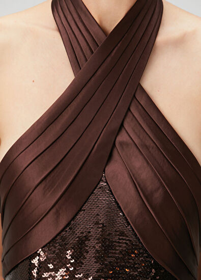 Retrofete Tamra Kahverengi Payetli Maksi Abiye Elbise - 5