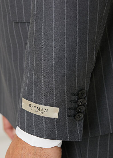 Drop 7 Gri Çizgi Desenli Yün Kruvaze Takım Elbise - Görsel 9