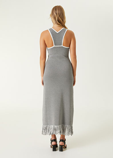 Beymen Club Siyah Beyaz Püskül Detaylı Midi Triko Elbise - 6