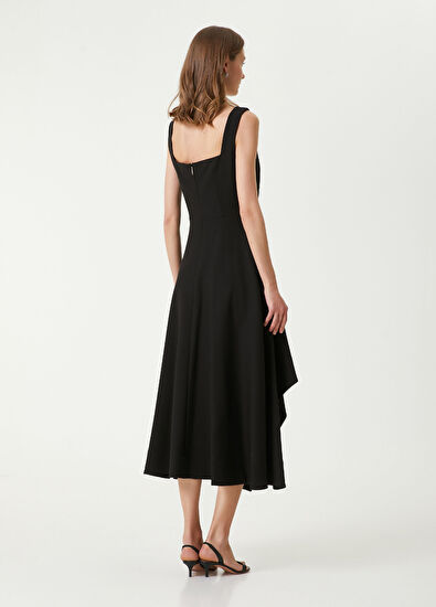 Siyah Asimetrik Etek Detaylı Midi Elbise - Görsel 8