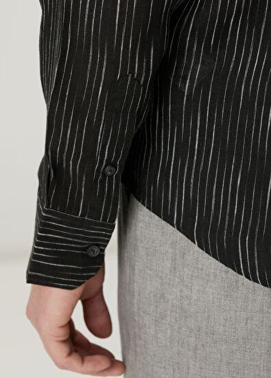 Beymen Club Comfort Fit Blue Dashed Striped Linen Shirt - 7