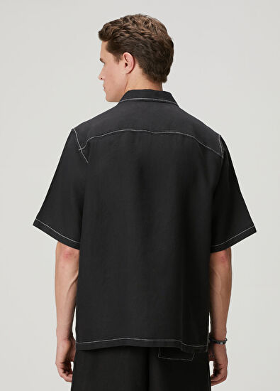 Beymen Club Siyah Oversize Fit Kısa Kollu Keten Gömlek - 6
