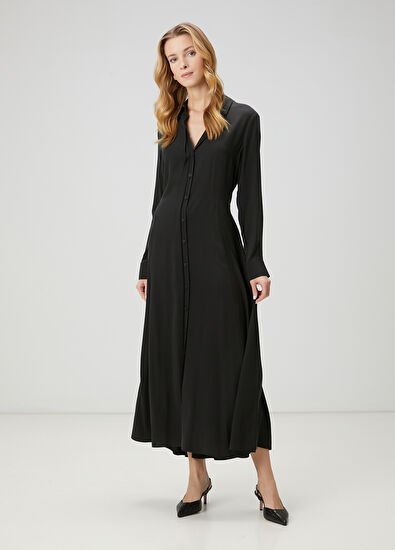 Beymen Club Siyah Maksi İpek Gömlek Elbise - 5