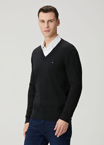 Tommy Hilfiger Siyah V Yaka Organik Pamuk Kazak - 3