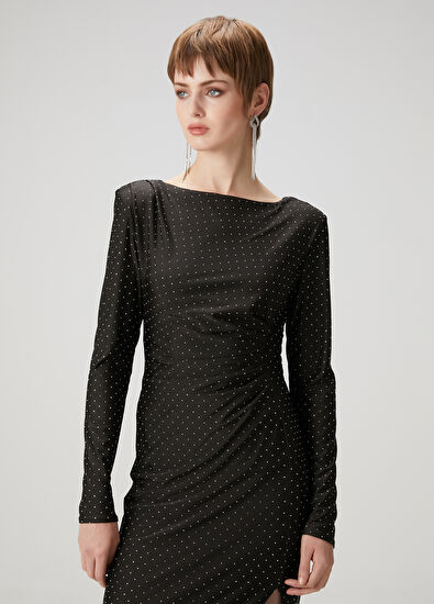 Beymen Club Siyah Taşlı Midi Kokteyl Elbise - 5