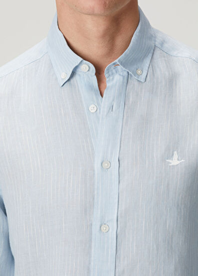 Beymen Club Comfort Fit Blue Dashed Striped Linen Shirt - 6