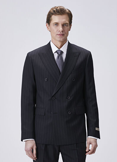 Drop 8 Siyah Çizgili Yün Kruvaze Takım Elbise - Görsel 5