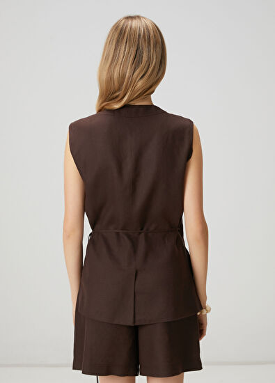 Beymen Club Kahverengi Kruvaze Uzun Keten Yelek - 5