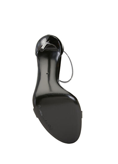 Siyah Gold Logolu Deri Topuklu Sandalet - Görsel 6