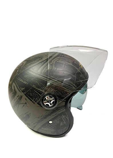 Citycoco Vintage Stil Çift Vizörlü Grafiti Desenli Unisex Yarım Açık Motosiklet Kaskı - 3