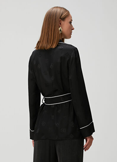 Siyah Logo Jakarlı İpek Gömlek - Görsel 6