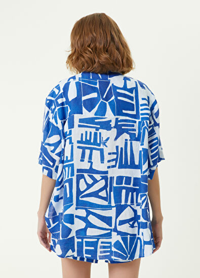 Beymen Club Beyaz Mavi Fayans Desenli Uzun Keten Gömlek - 5