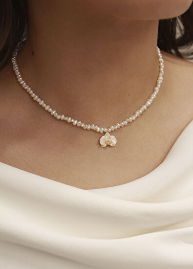 Allegoria Jewelry Orchid White Enamel 925 Sterling Silver 24K Gold Plated Women's Pearl Necklace - 3