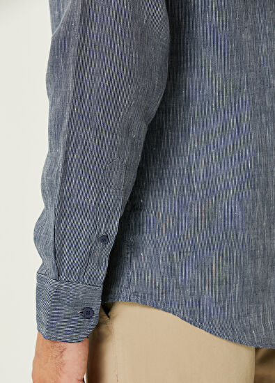 Beymen Club Comfort Fit Navy Blue White Linen Shirt - 5