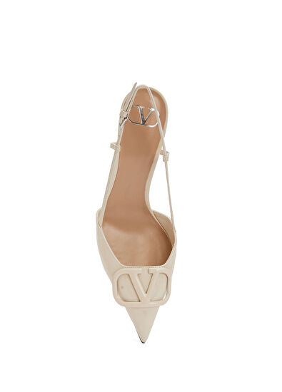 VLogo Ekru Deri Topuklu Ayakkabı - Görsel 6