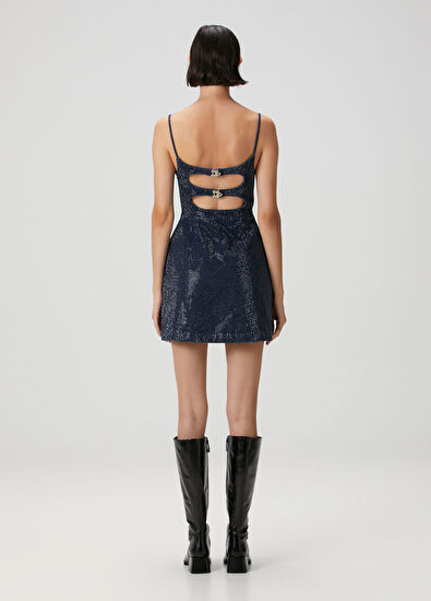 Lacivert Taşlı Mini Denim Elbise - Görsel 7