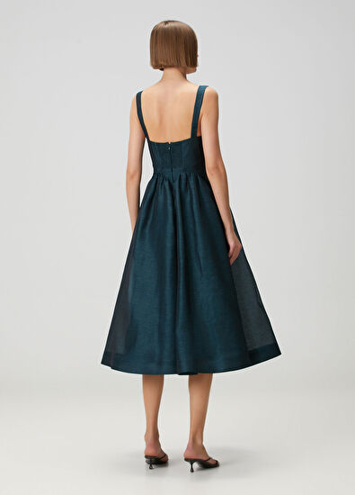Rebellion Koyu Mavi Midi Keten Elbise - Görsel 5