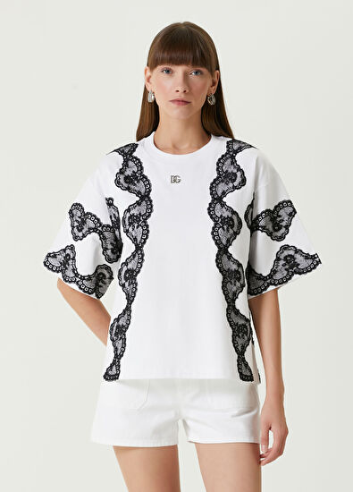 Dolce&Gabbana Beyaz Siyah Dantel Garnili T-shirt - 3