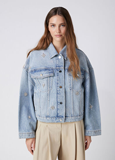 Beymen Club Mavi Serpme Taşlı Denim Ceket - 5