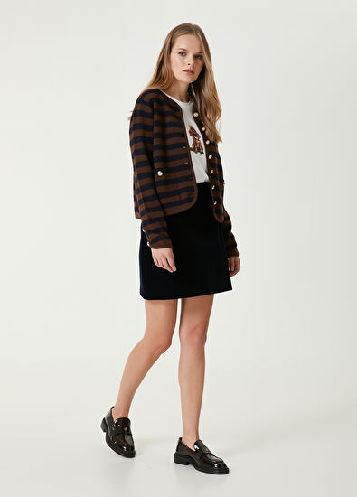 Brown Navy Blue Line Patterned Knit Cardigan Beymen Club Brown Navy Blue Line Patterned Knit Cardigan - 4