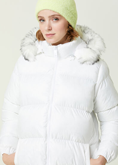Beymen Club Beyaz Kapüşonlu Uzun Puff Mont - 5