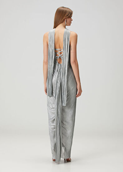 Tonia Mavi Maksi İpek Abiye Elbise - Görsel 6