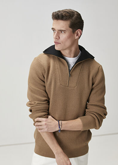 Beymen Club Camel Collar Zippered Sweater - 5