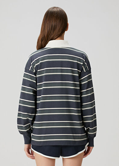 Autry Navy Blue Green Striped Polo Sweatshirt - 4