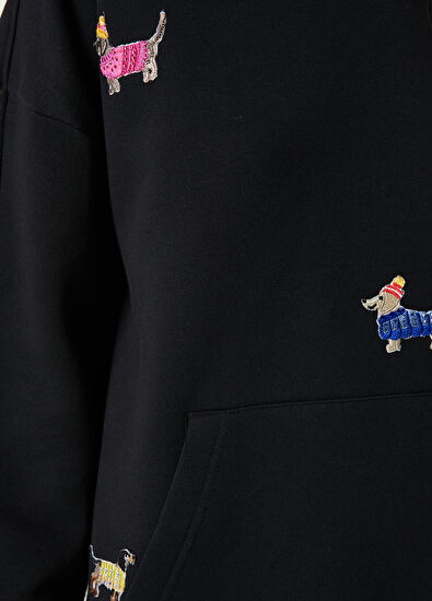 Beymen Club Siyah Kapüşonlu Nakışlı Sweatshirt - 5