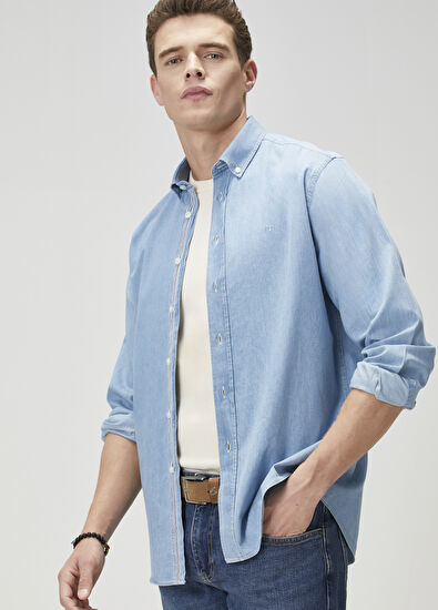 Comfort Fit Mavi Denim Gömlek Beymen Club Comfort Fit Mavi Denim Gömlek - 3