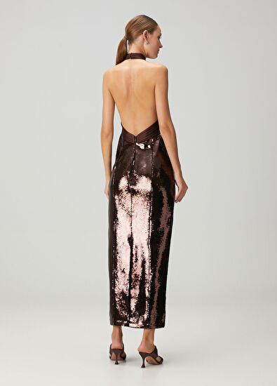 Retrofete Tamra Kahverengi Payetli Maksi Abiye Elbise - 4