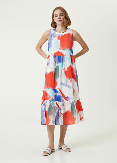 Beymen Club Beyaz Marin Fırça Desenli Midi Kolsuz Keten Elbise - 3