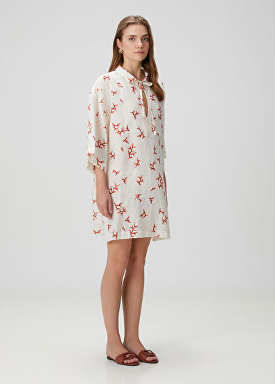 Fendi Beyaz Kırmızı Mercan Desenli Keten Kaftan - 3