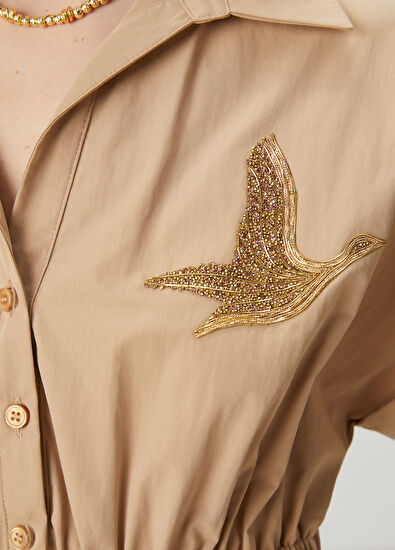 Beymen Club Bej İşlemeli Logolu Mini Gömlek Elbise - 6