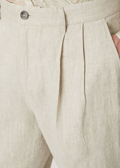 Beymen Club Bej Keten Karışımlı Çift Pilili Pantolon - 4