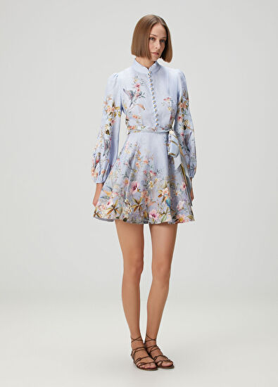 Rebellion Mavi Desenli Mini Keten Elbise - Görsel 4