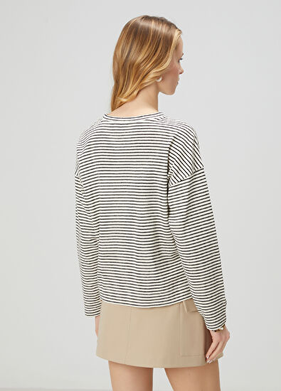 Beymen Club Ecru Navy Blue Striped Sweatshirt - 6