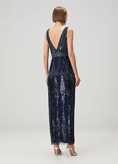 Lacivert İşlemeli Maksi Abiye Elbise - Görsel 5