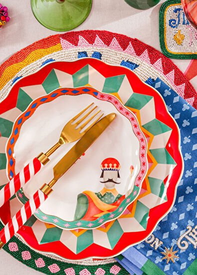 Zsa Zsa Zsu Nilüfer Digital Printed Embroidered Ecru Blue Cotton 2-Piece Napkin Set - 7