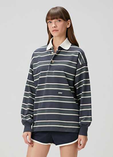 Autry Navy Blue Green Striped Polo Sweatshirt - 3