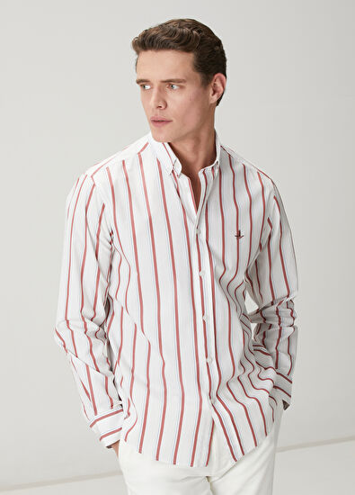 Beymen Club Comfort Fit Beyaz Bordo Çizgi Desenli Keten Gömlek - 4