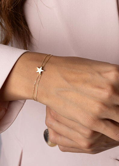 Safir Mücevher Yıldız Detaylı 14 Ayar Altın Zincir Kadın Bileklik - 6