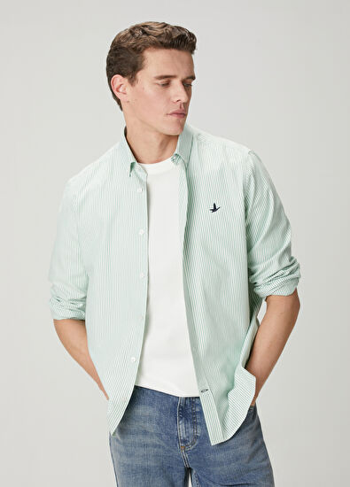 Beymen Club Comfort Fit Beyaz Yeşil Çizgili Oxford Gömlek - 10