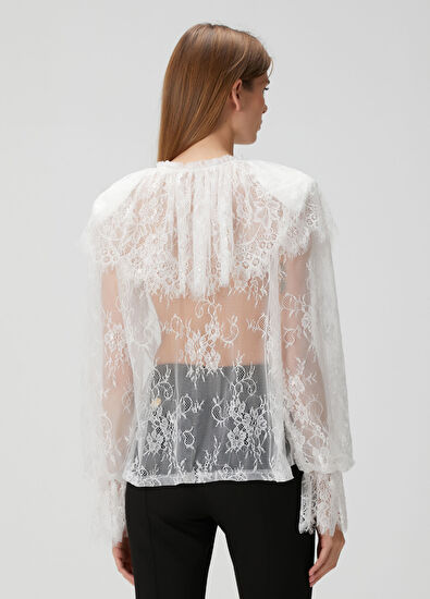 Melis Kaptanoglu White Lace Long Sleeve Women's Blouse - 4