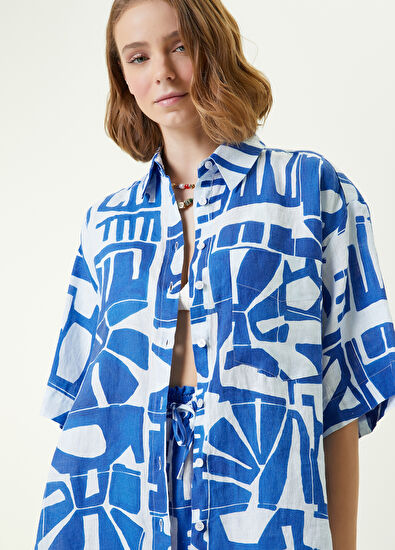 Beymen Club Beyaz Mavi Fayans Desenli Uzun Keten Gömlek - 4